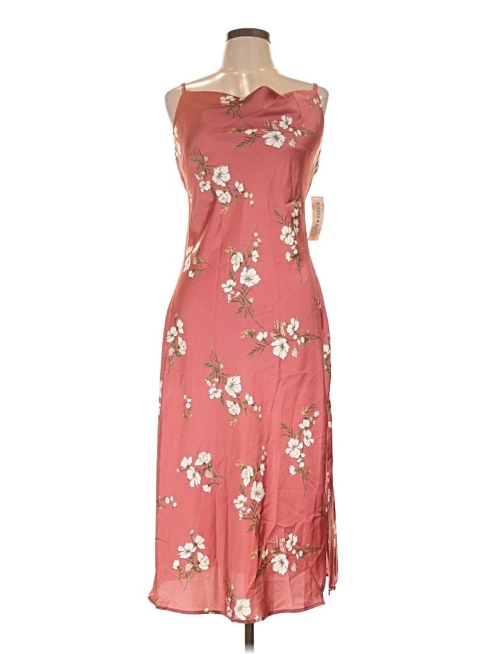 Inspired Hearts Floral Satin Cowl Midi Rose Slit Dress XL Dainty Romantic Date